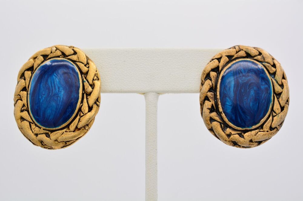 Vintage Clip On Earrings Blue Enamel Antiqued Gold Oval Heavy Chunky 1980s BinAG